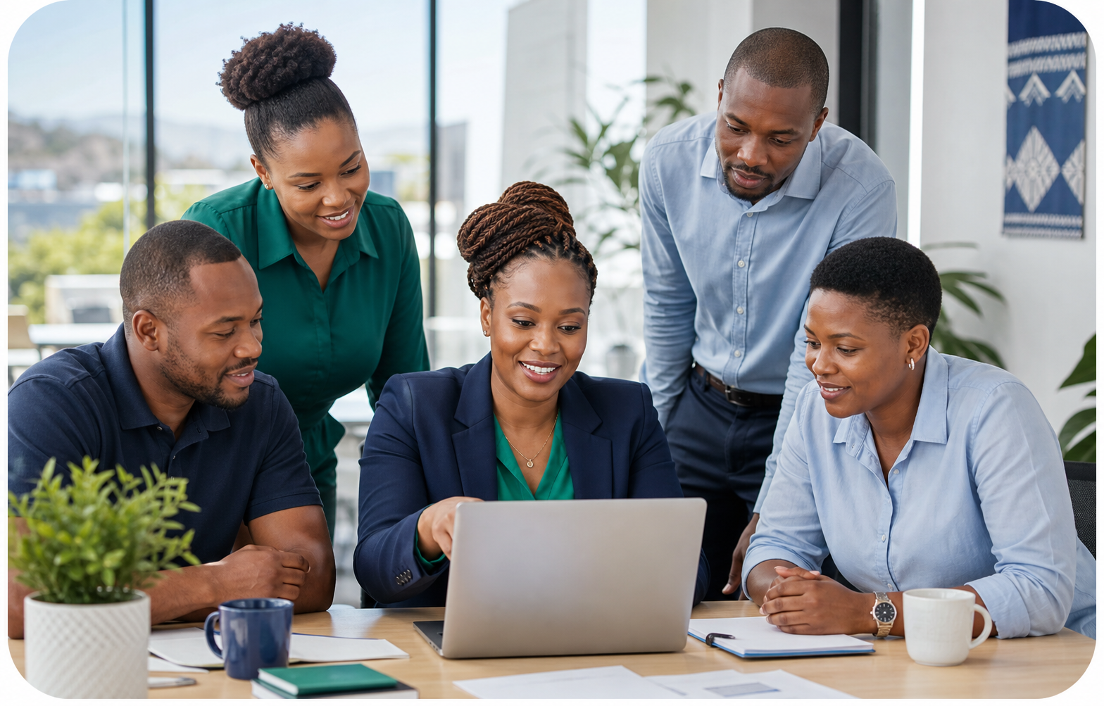 A team collaborating around a laptop